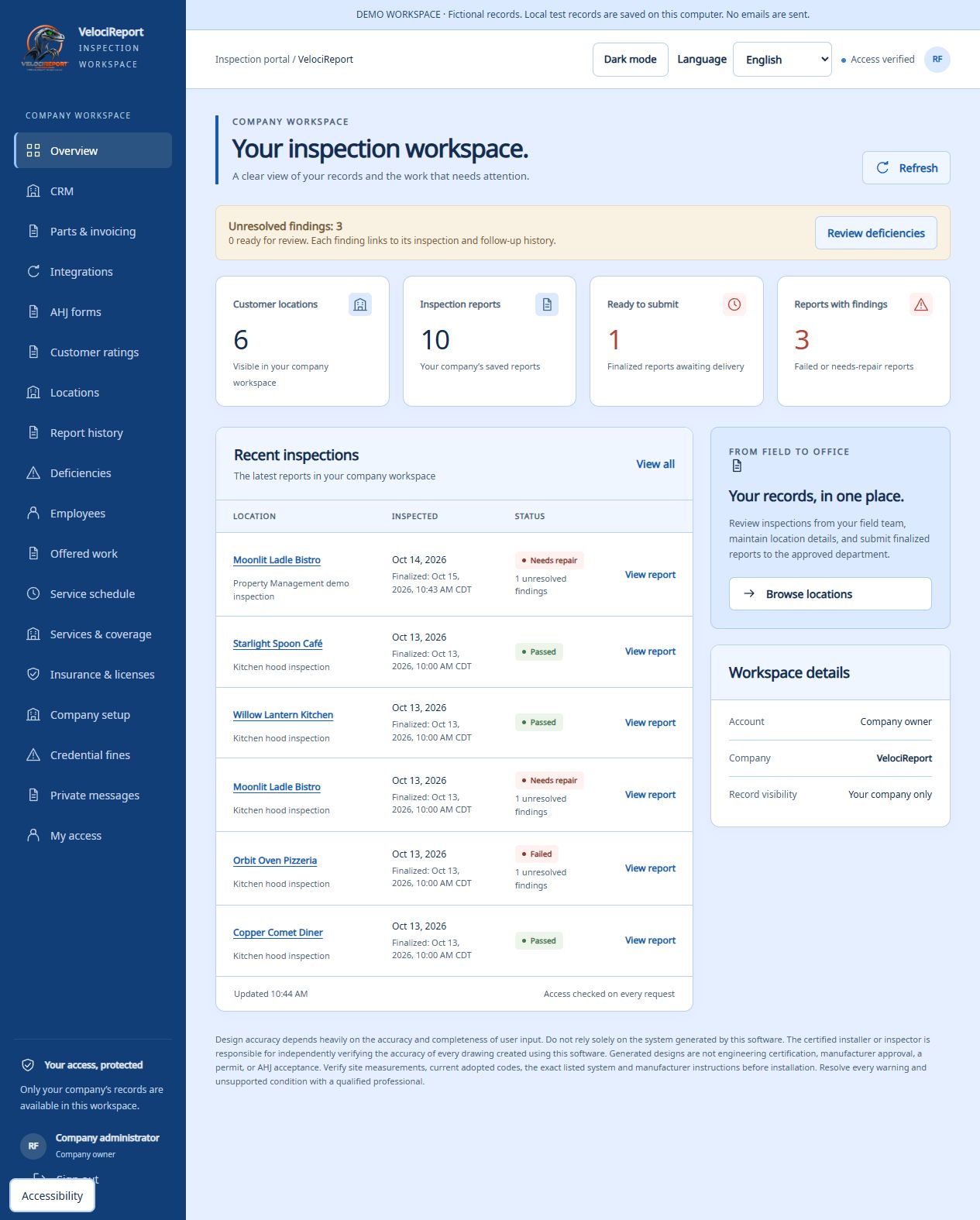 Preview the company workspace with sample records